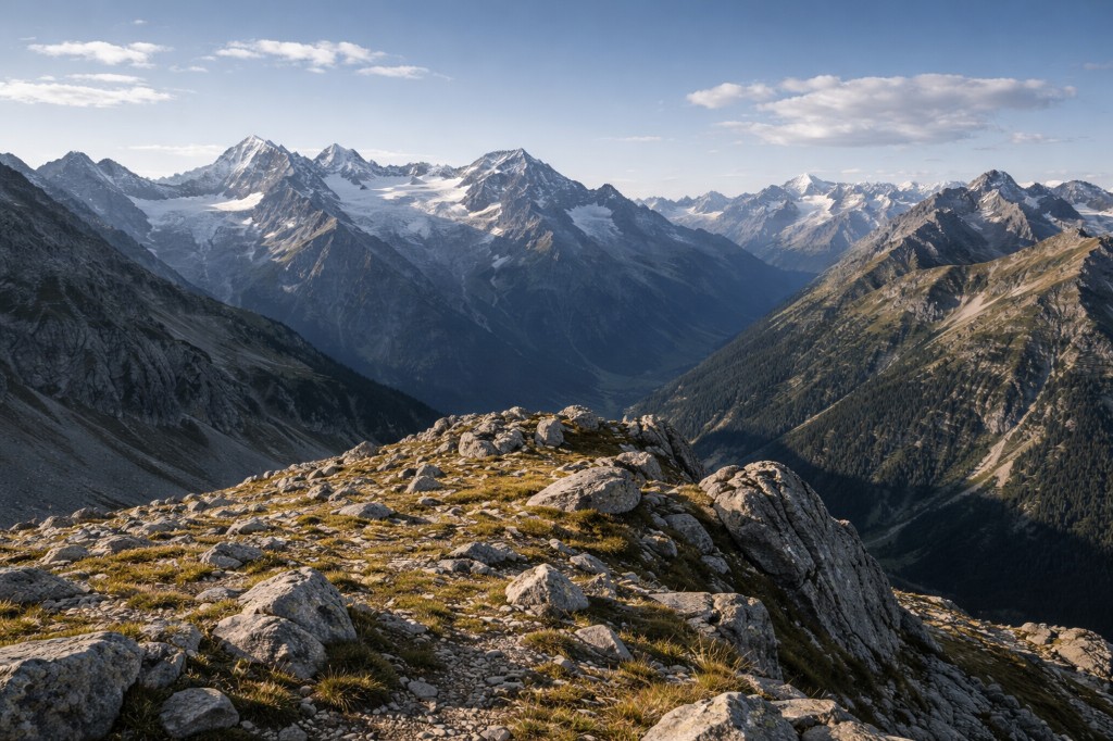 Panorama alpin depuis une crête rocheuse, vallée et sommets enneigés à l'horizon