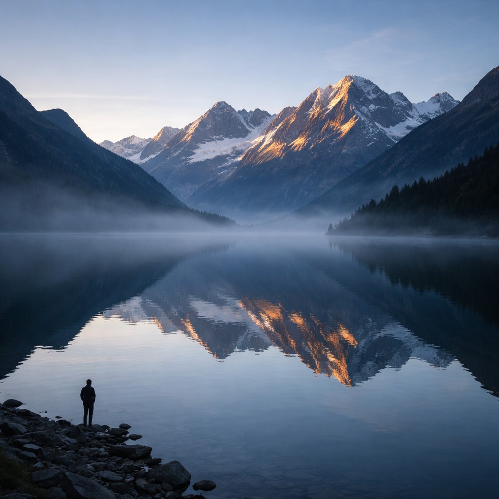 Lac de montagne aux reflets calmes, symbole de préparation et de sérénité